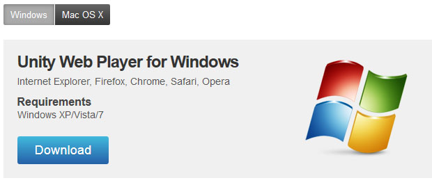 Screenshot of Unity Web Player for Windows download page with blue Download button
