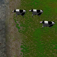 Game screenshot of three cows standing in a field
