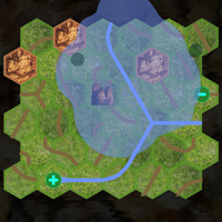 Game screenshot from above an area with intersecting rivers mapping flooding