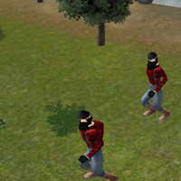 Game screenshot of two people standing by a tree