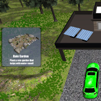 Game screenshot of a car in a driveway in front of a carport, with an image of a rain garden